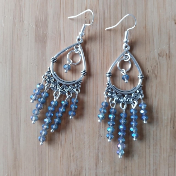 OOAK Handmade Chandelier Crystal Beaded Blue Earrings - Picture 3 of 3